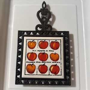 Vintage Holt Howard Cast Iron Ceramic Tile Trivet APPLE A DAY Keeps Doctor Away